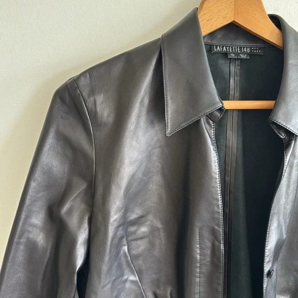 Lafayette 148 black/brown leather tie front jacket top size 10